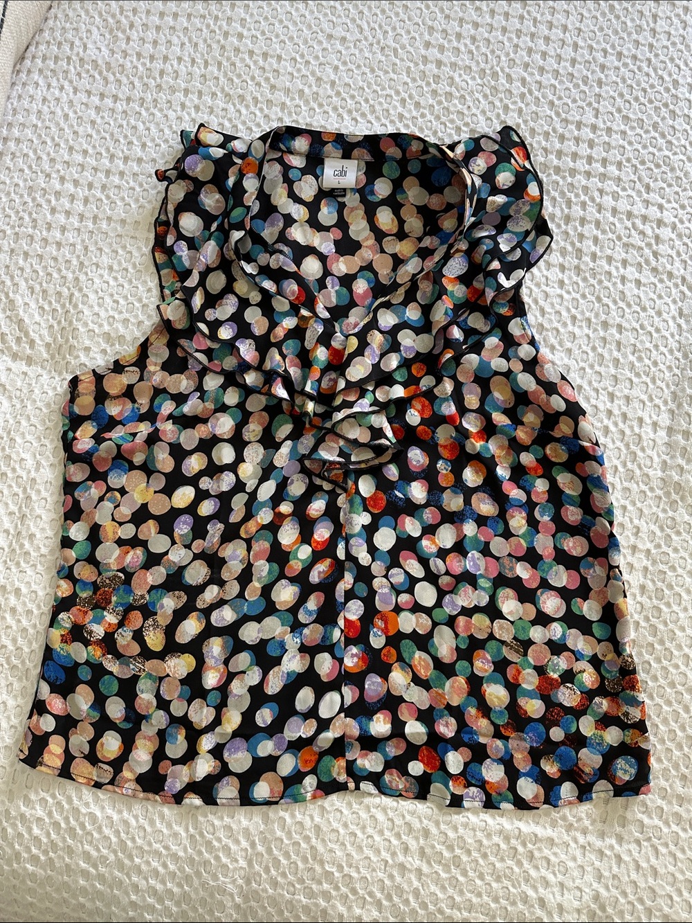 CAbi Black Multicolor Polka Dot Ruffle sleeveless blouse